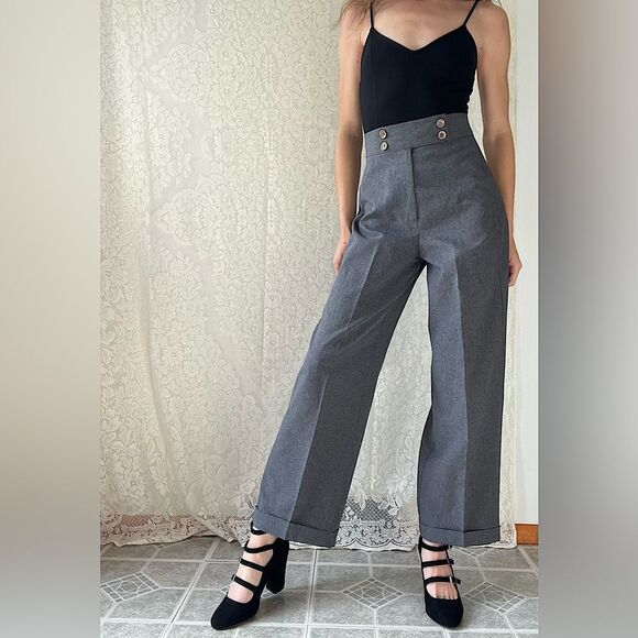 Vintage 90s High-Waisted Wide Leg Grey Trousers Pants Made in USA - Picture 1 of 14